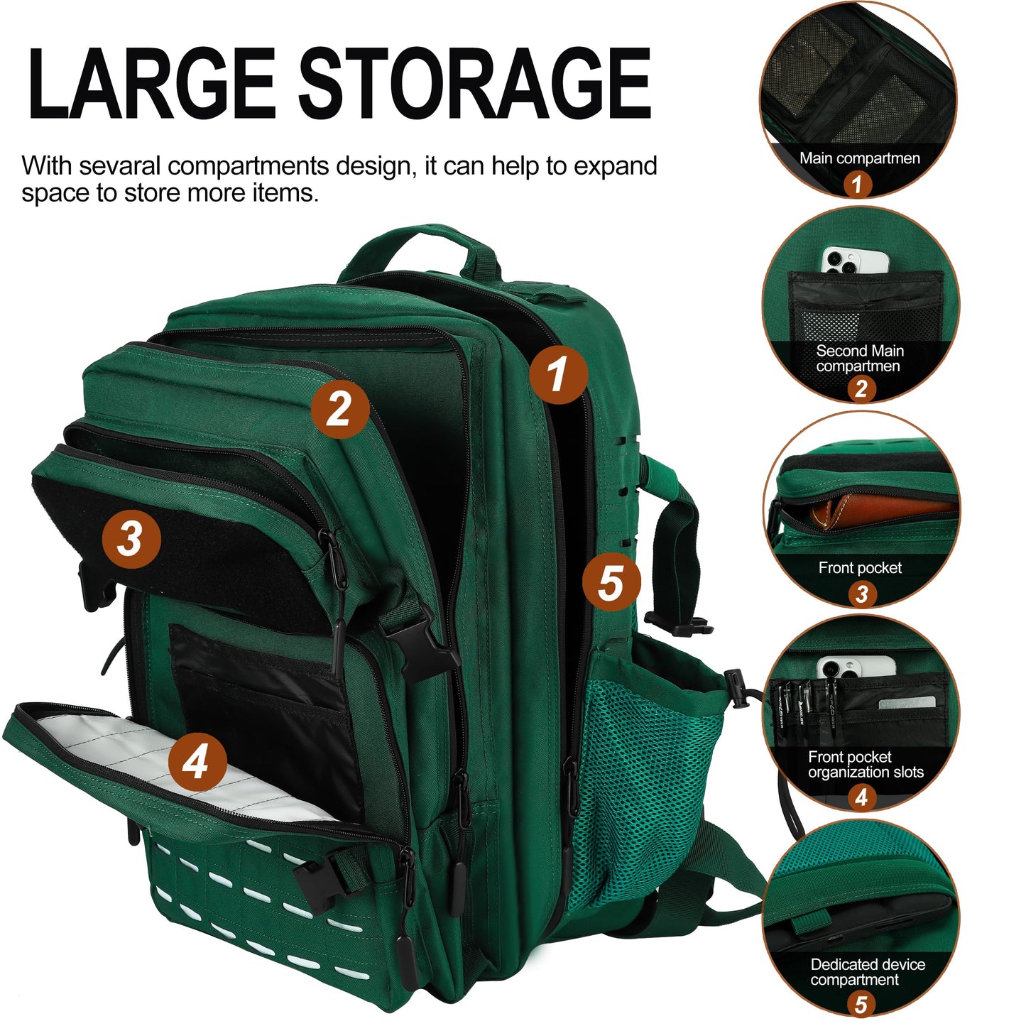 LHI Tactical Military Backpack for Men and Women 45L Large Molle Army Assault Pack 3 Day Travel Backpacks - Dark Green