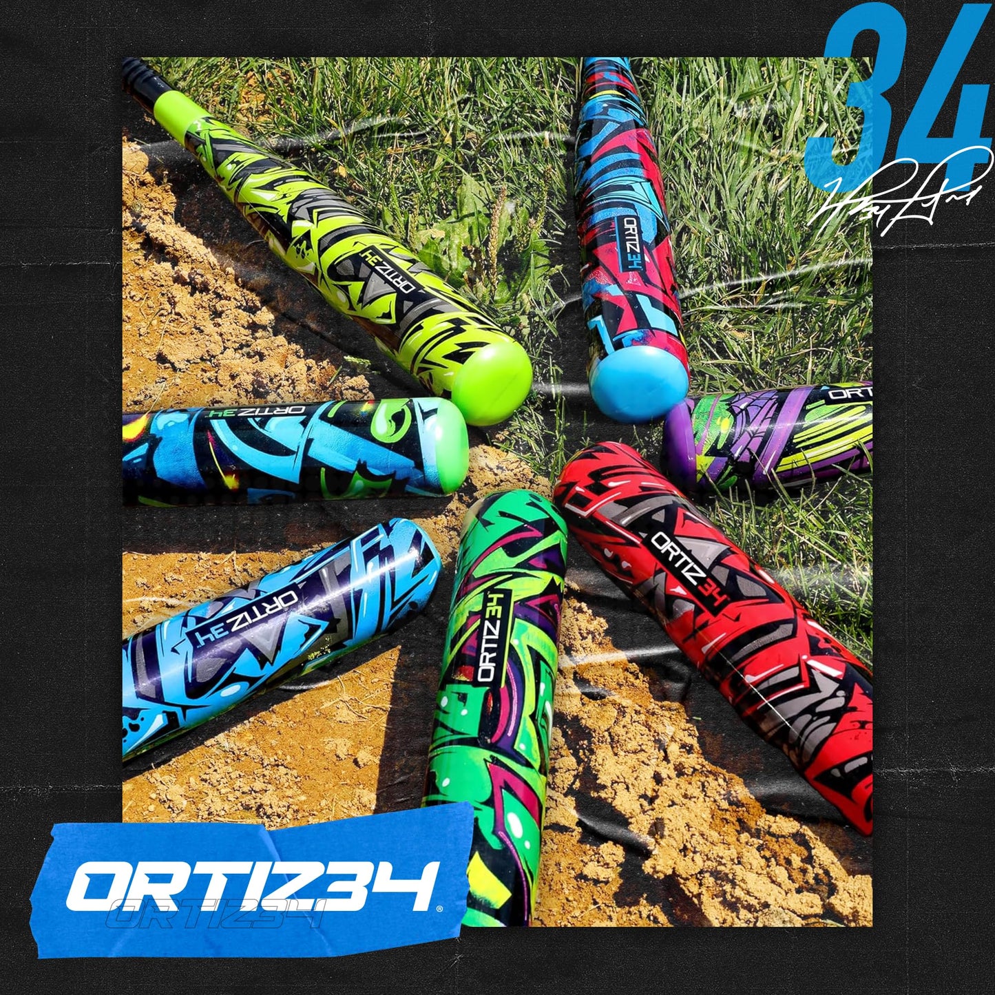 Ortiz34 Bat & Ball Set - Graffiti Plastic Bat & Ball Homerun Set- David Ortiz Backyard Baseball Set for Youth, Kids, Teenagers, Adults (Bat & Ball Set, Blue)