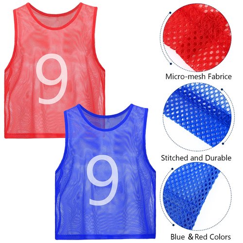 JenPen 24 Pcs Nylon Mesh Pinnies with Numbers Scrimmage Jerseys for Scrimmage Vest Soccer Bibs for Youth Adult with Carry Bag(Blue, Red)