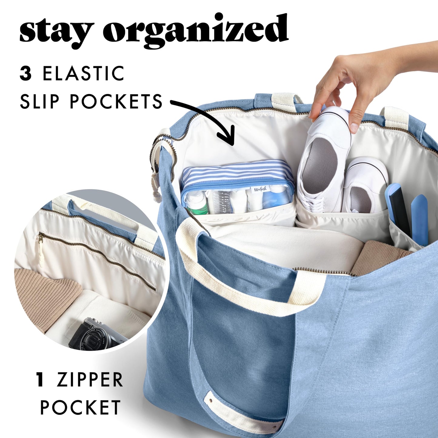 Fit & Fresh XL Beach Tote Bag for Women – Extra Large Travel Tote with Zipper & Pockets, Oversized Canvas Pool Bag, Weekender Carry-On for Beach, Travel & Family Essentials