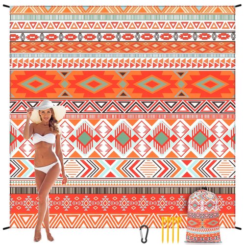 HIHOHO Beach Blanket, Sandproof Beach Mat, Waterproof Quick Drying Lightweight Outdoor Aztec Picnic Mat 79" X 83"/120"x108" for 2-8 Adults for Travel, Camping, Hiking