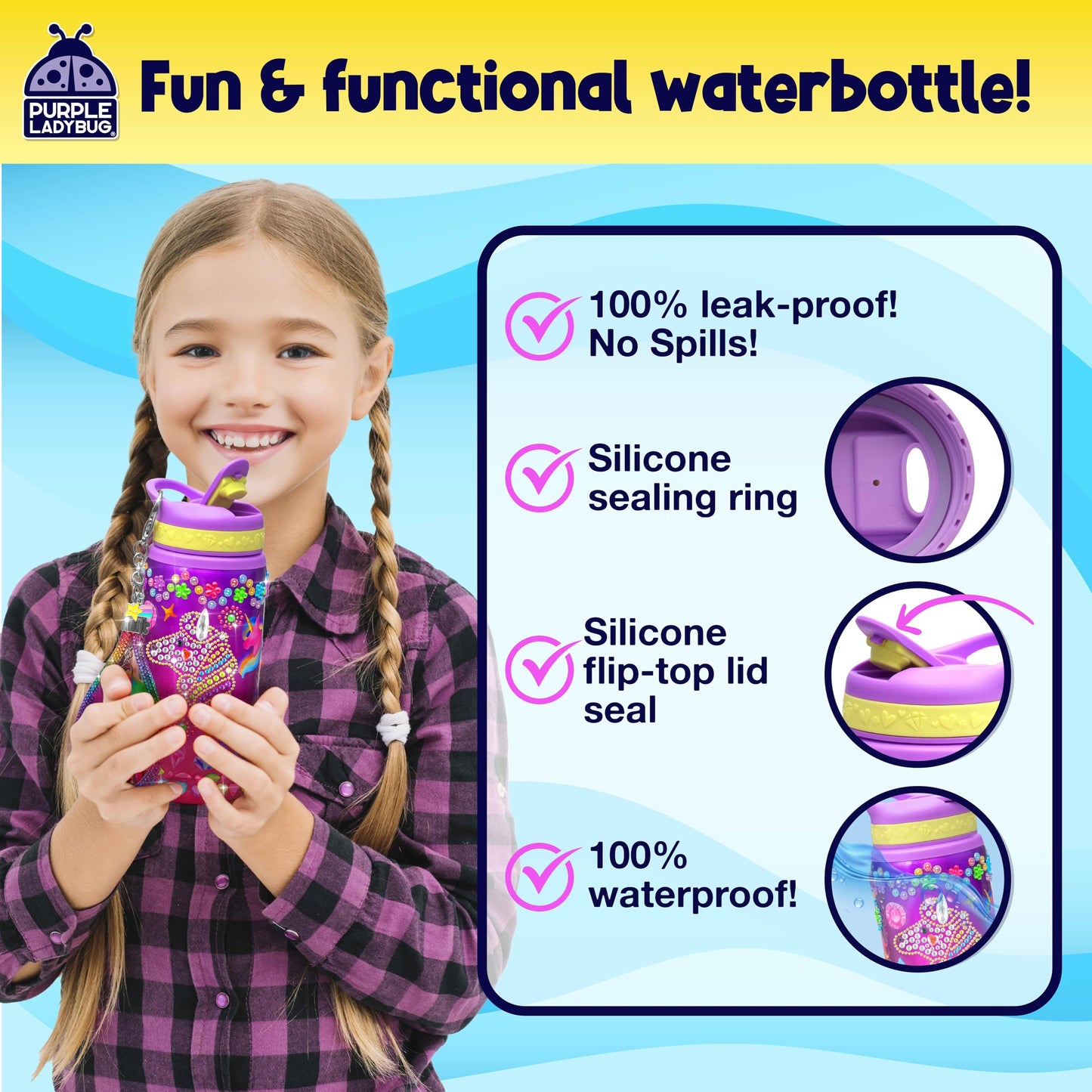 PURPLE LADYBUG Decorate Your Own Water Bottle Kit for Girls - Gift for Girls Ages 5 6 7 8 9 10 Year Old Girl Birthday Gift, Unicorn Toys Crafts Kids Ages 6-12 Summer Crafts for Kids