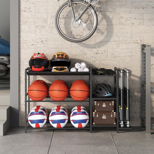 MAHANCRIS Sports Equipment Organizer, 3 Tier Ball Storage Rack with Baseball Bat Holder, Indoor & Outdoor Basketball Racks for Volleyball, Football, Garage Organizer with Sheleves, Black BEHR17301