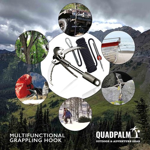 QUADPALM Grappling Hook and Black Rope 10M (32ft) - Multifunctional Heavy Duty Survival Hook - 2 Locking carabiners - 4 Stainless Steel Folding Claws - Survival Gear - Outdoors Camping Hiking