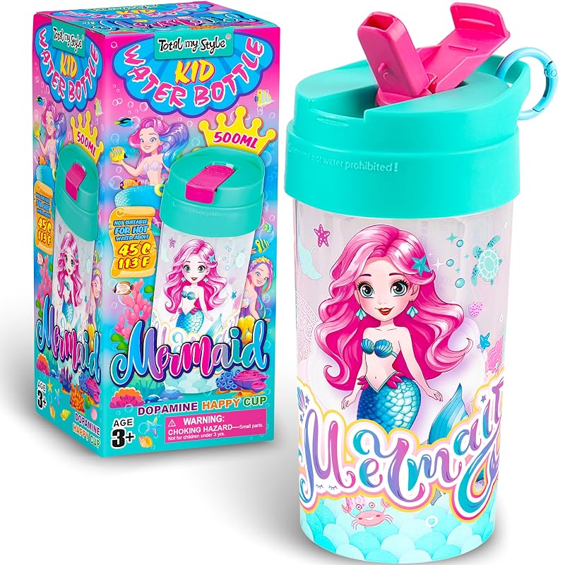 17oz Mermaid Themed Water Bottle with Silicone Straw, Leak-Proof Cap, BPA Free, Kid Safety Design