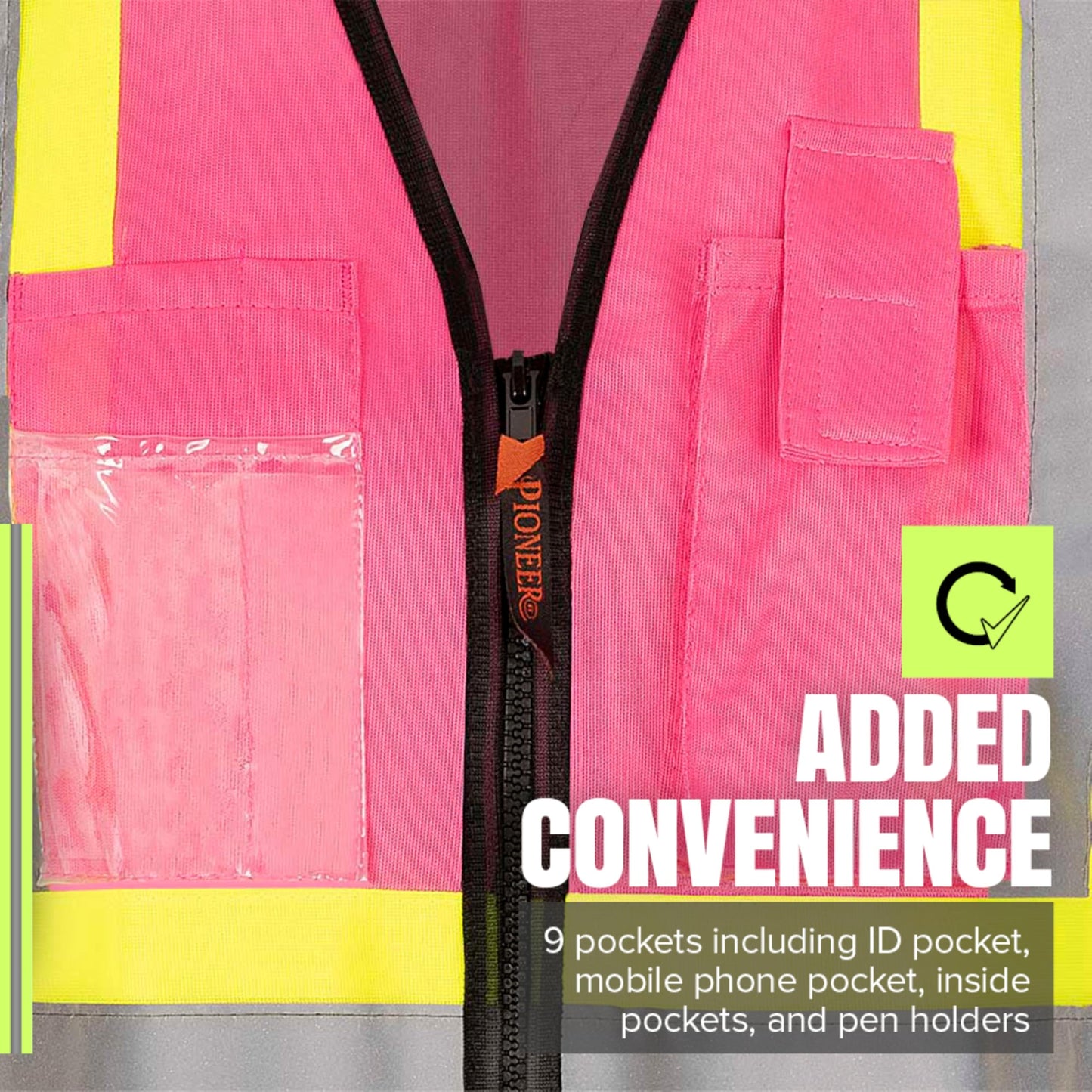 Pioneer Safety Vest for Women With Pockets - Hi-Vis Class 1, Reflective Tape - For Construction - Pink