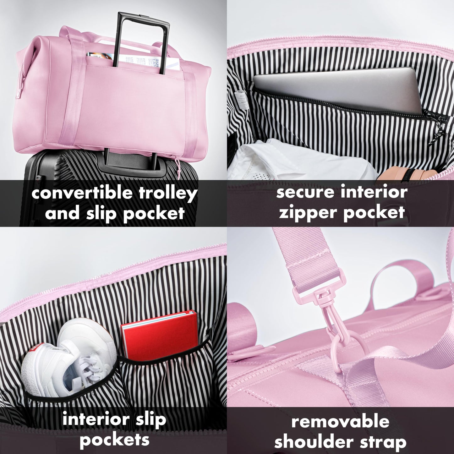 Fit & Fresh Neoprene Weekender Bag for Women – Carry-On Friendly Travel Duffel with Expandable Sides, Trolley Sleeve & Pockets – Lightweight, Water-Resistant Overnight Bag for Weekend Trips, Pink