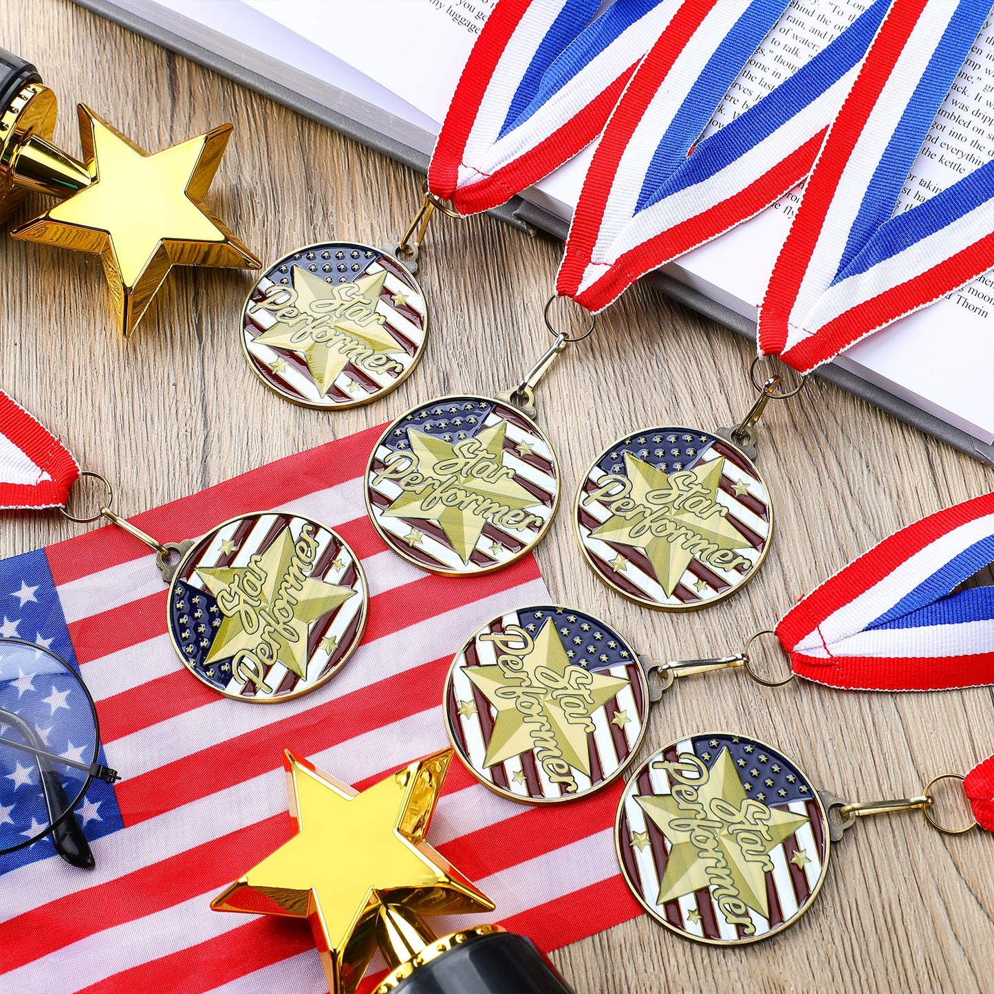 Cunno 20 Pcs Patriotic Star Performer Award Medals Bulk 2'' Gold Academic Medallion with Neck Ribbons Metal Trophy Award Prize Gift for Tournaments Competitions Party