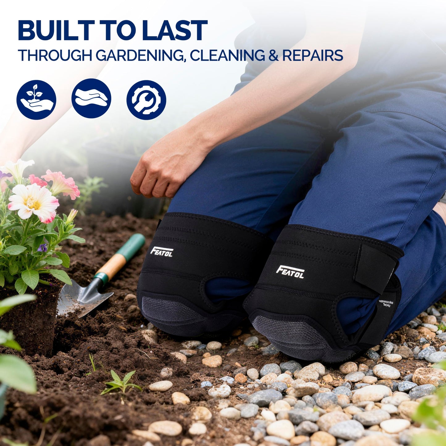 FEATOL Gardening Knee Pads for Women Men, Soft Foam Cushioning & Wear-Resistant Kneepads, Non-Slip Floor-Safe Protection for Flooring, Cleaning, Work