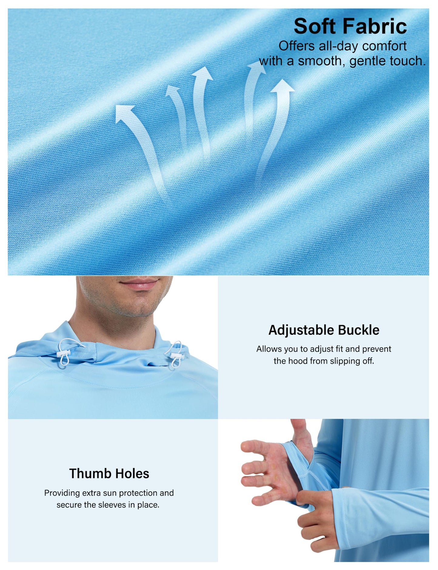 Roadbox UPF 50+ Sun Protection Hoodie Shirt, Outdoor Fishing SPF UV Long Sleeve Shirts, Quick Dry Hiking Running Rash Guard Light Blue