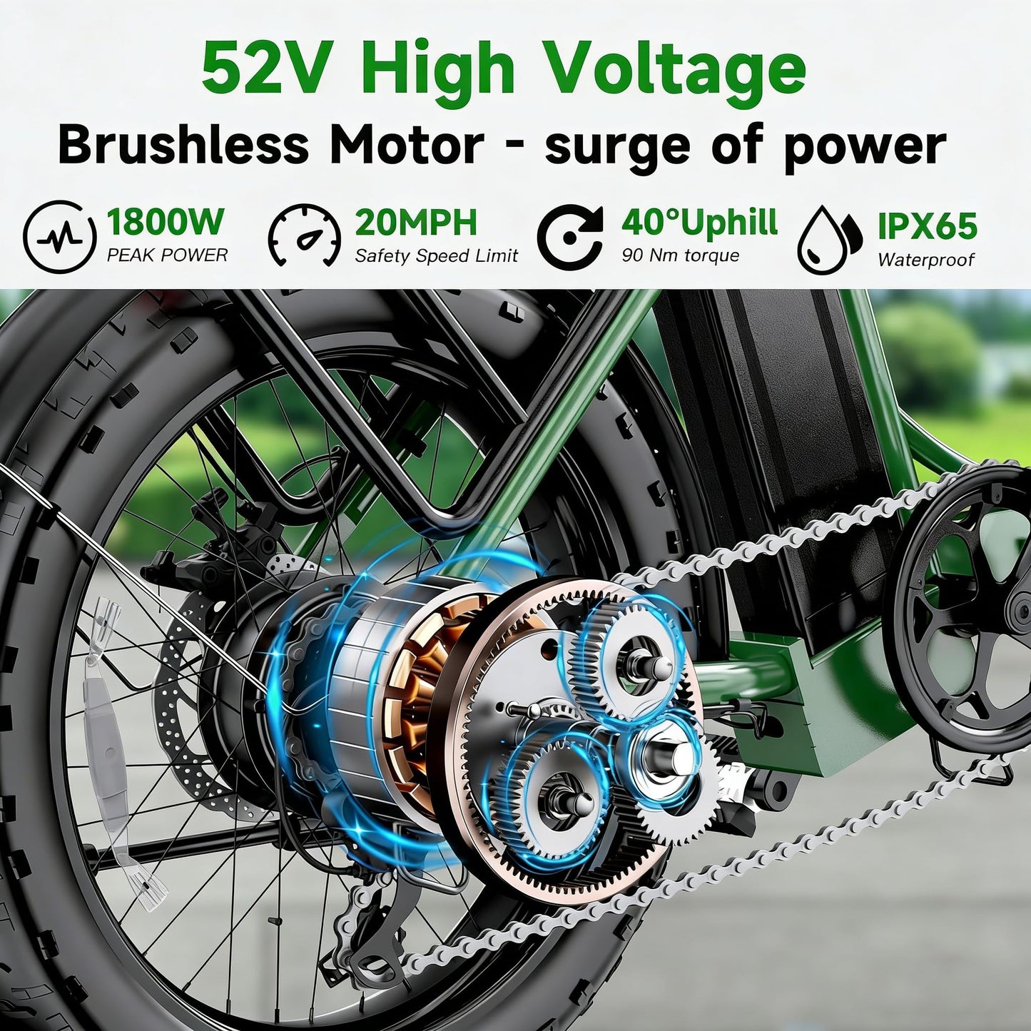 1800W Electric Bike for Adults, 52V/18.2AH Removable Battery Electric Bike, 86 Miles Long Range Foldable Fat Tire Electric Bicycle, 7-Speed Electric Commuter Bicycles,UL2849 Certified, Max 330LBS