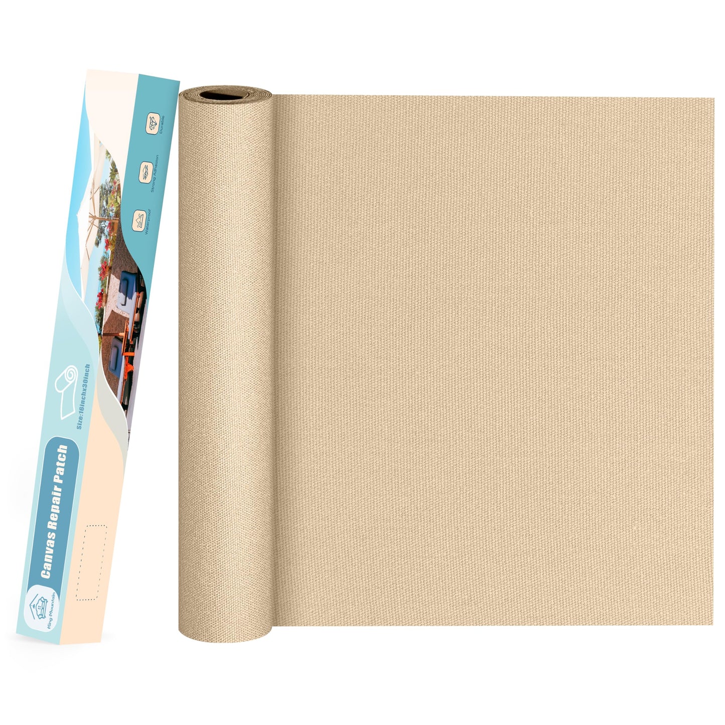 KING MOUNTAIN Canvas Repair Patch 16×30 Inch Self-Adhesive Waterproof Fabric Patch for Sofas, Tents, Furniture,Tote Bags, Car Seats (Khaki)