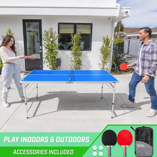 GoSports 6 x 3 ft Mid-Size Table Tennis Table Set with Adjustable Height - Blue