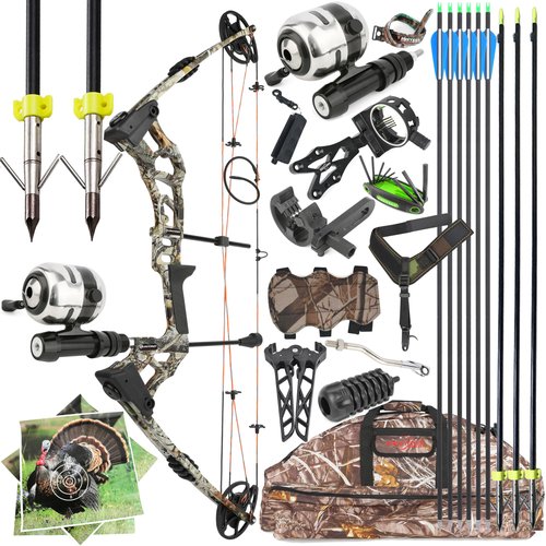 wolfman Compound Bow Fishing Kit 0-70lbs Hunting Bow with Bowfishing Reel and Bow Fishing Arrows,Right Handed for Adult/Youth Archery Bowfishing Outdoor Hunting Target Shooting (Camo)