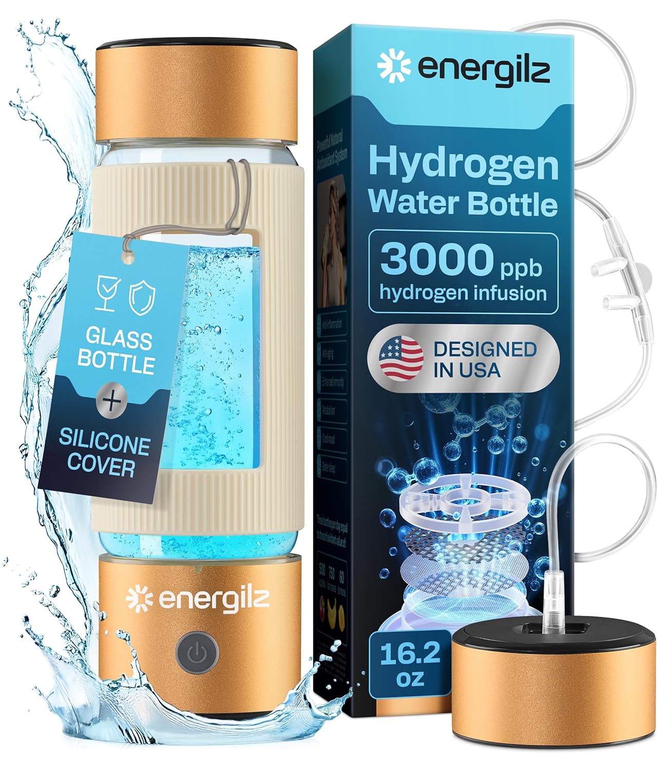 Hydrogen Water Bottle | Large 16.2 oz (480 ml) Hydrogen Water Bottle Generator 3000ppb | Hydrogenator Machine | SPE/PEM Hydrogenated Ionizer Generator (Steel w/Black)