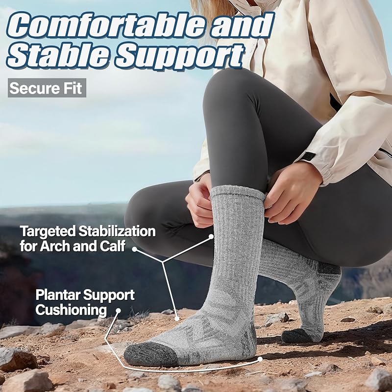 ANTsang Merino Wool Hiking Socks, Enhanced Breathability 5-Pair Set - Blue/Gray/Black, Large