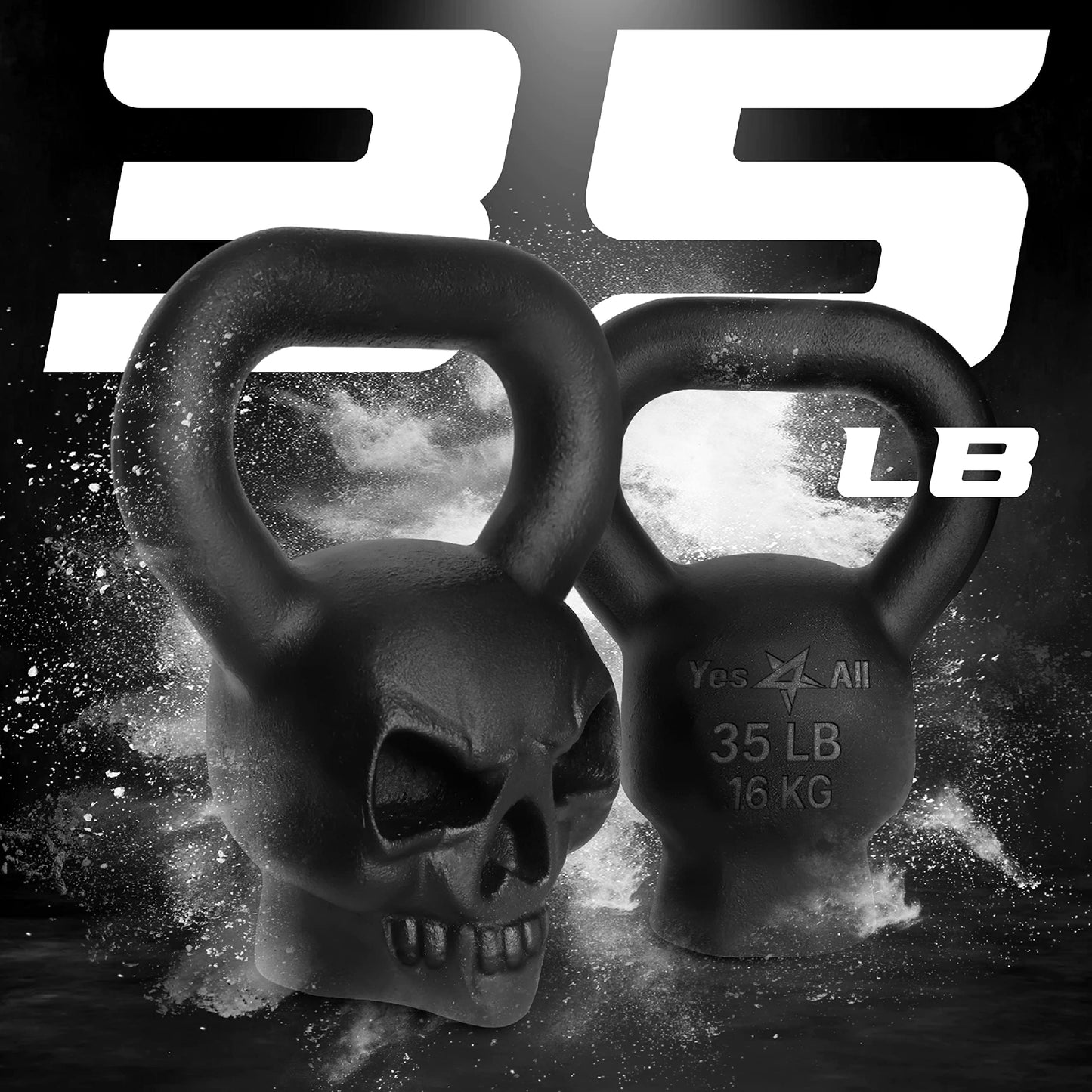 Yes4All Skull Kettlebell Demon 35 lb, Primal Cast Iron Powder Coated Kettlebells for Weights Exercises, Push up, Handle Grip Strength Training Equipment, Indoor Decorations