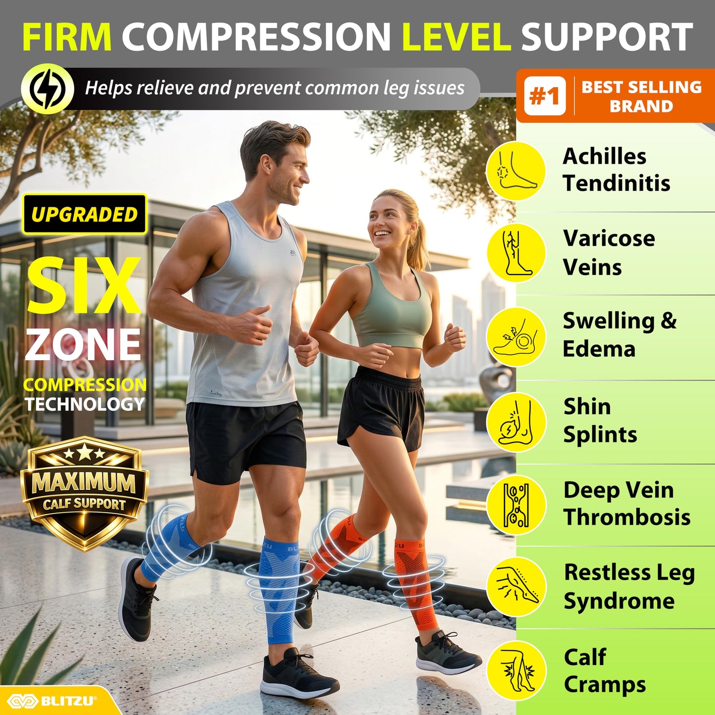BLITZU Calf Compression Sleeve for Women and Men, Shin Splint Sleeves for Varicose Veins, Nursing, Pregnancy, Running, Footless Compression Socks Support for Calf Muscle Pain Relief Blue L-XL