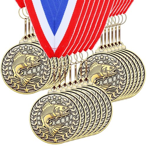 Remuuly 30 Pcs Award Medals Bulk 2'' Gold Trophy Award Winner Metal First Place with Neck Ribbons Award Prize Gift for Tournaments Match Sports Competition Teams Adult (Fishing)