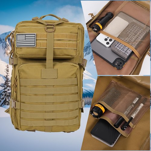Oraynn 50L Large Military Tactical Backpack Molle Army Assault Pack for Travel Camping Hiking Fishing Backpack for men (khaki)