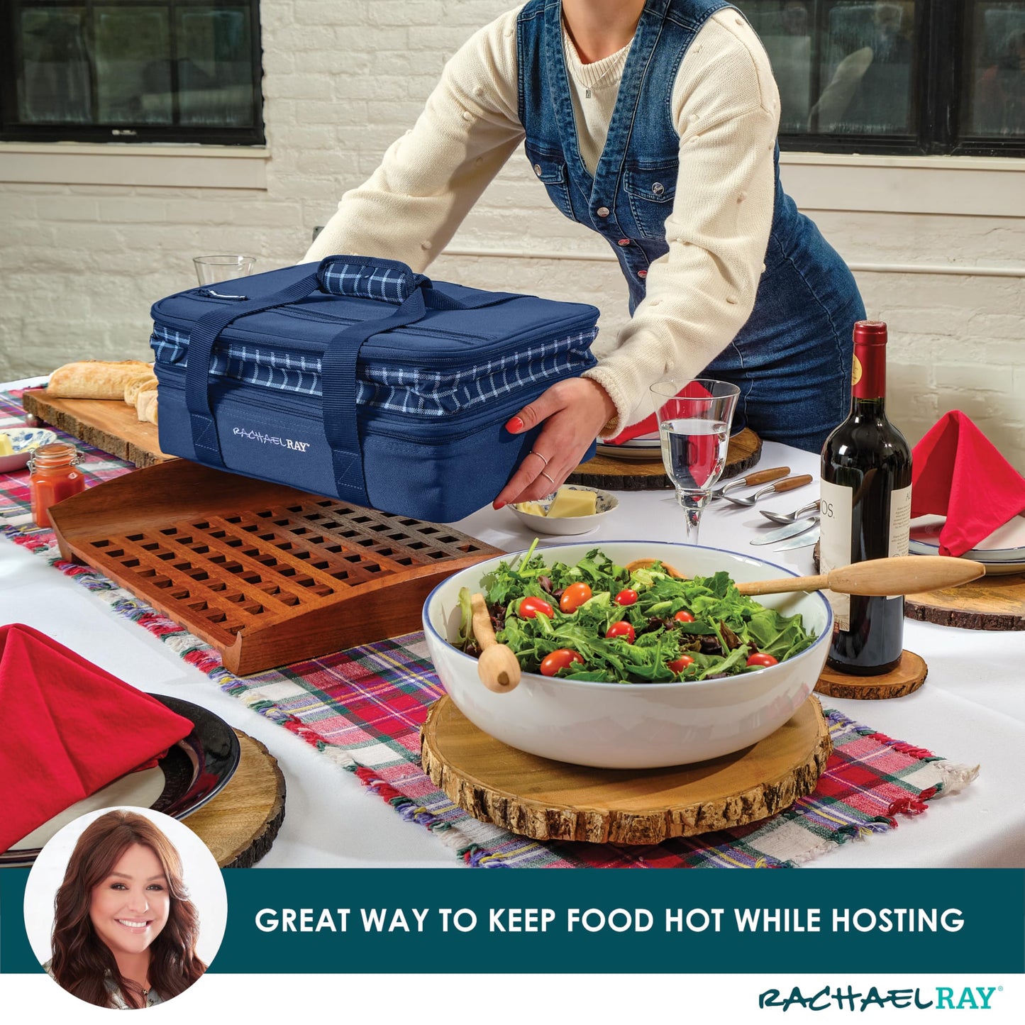 Rachael Ray Expandable Insulated Casserole Carrier for Hot or Cold Food, Thermal Lasagna Lugger Tote for Potluck, Parties, Picnic, and Cookouts, Fits 9" x 13" Baking Dish, Blue Gingham