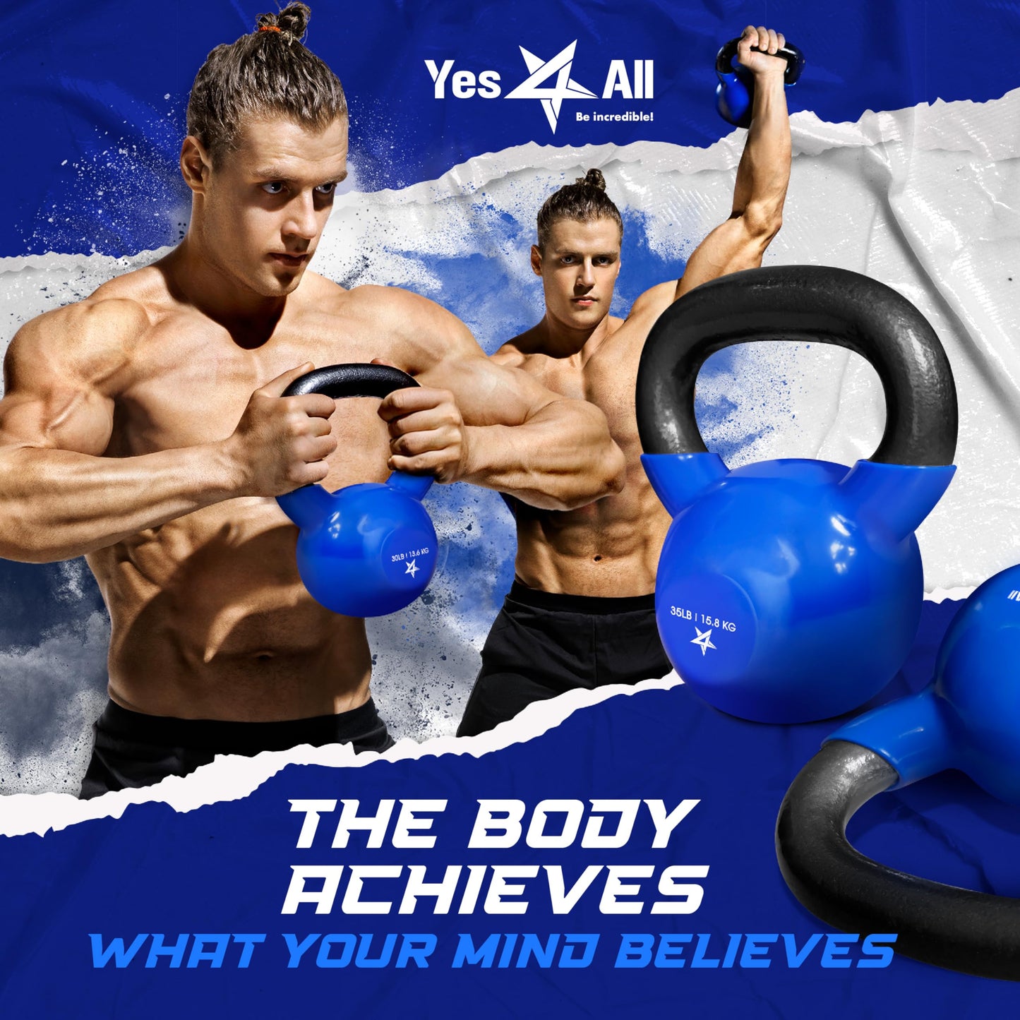 Yes4All Kettlebell, 5 lb Vinyl Coated Cast Iron Kettlebell Set of 2 for Home Gym Exercises, Heavy Weights Gym, Fitness, Full Body Workout Equipment, Push up, Grip, Strength Training - Blue