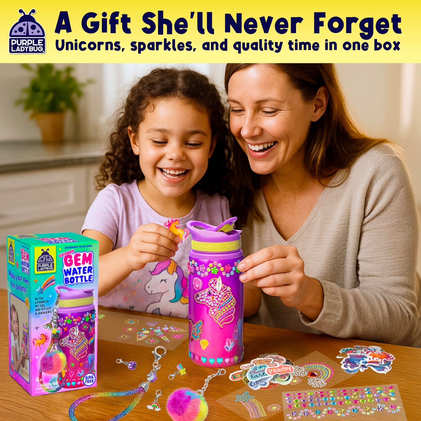 PURPLE LADYBUG Decorate Your Own Water Bottle Kit for Girls - Gift for Girls Ages 5 6 7 8 9 10 Year Old Girl Birthday Gift, Unicorn Toys Crafts Kids Ages 6-12 Summer Crafts for Kids