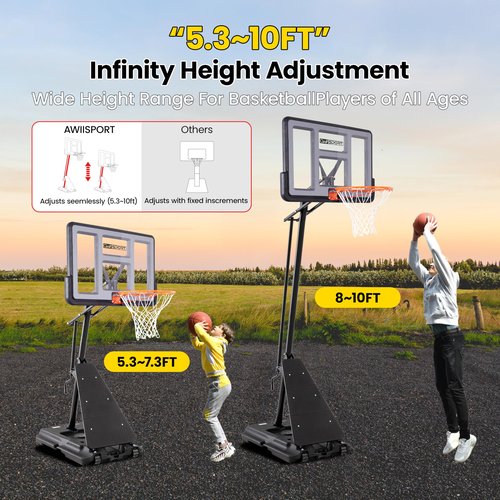 AWII SPORT Basketball Hoop Outdoor Protable 44Inch Impact Backboard, 5.3-10FT Height Adjustable Basketball Hoop Goal System with Portable Wheels for Adults