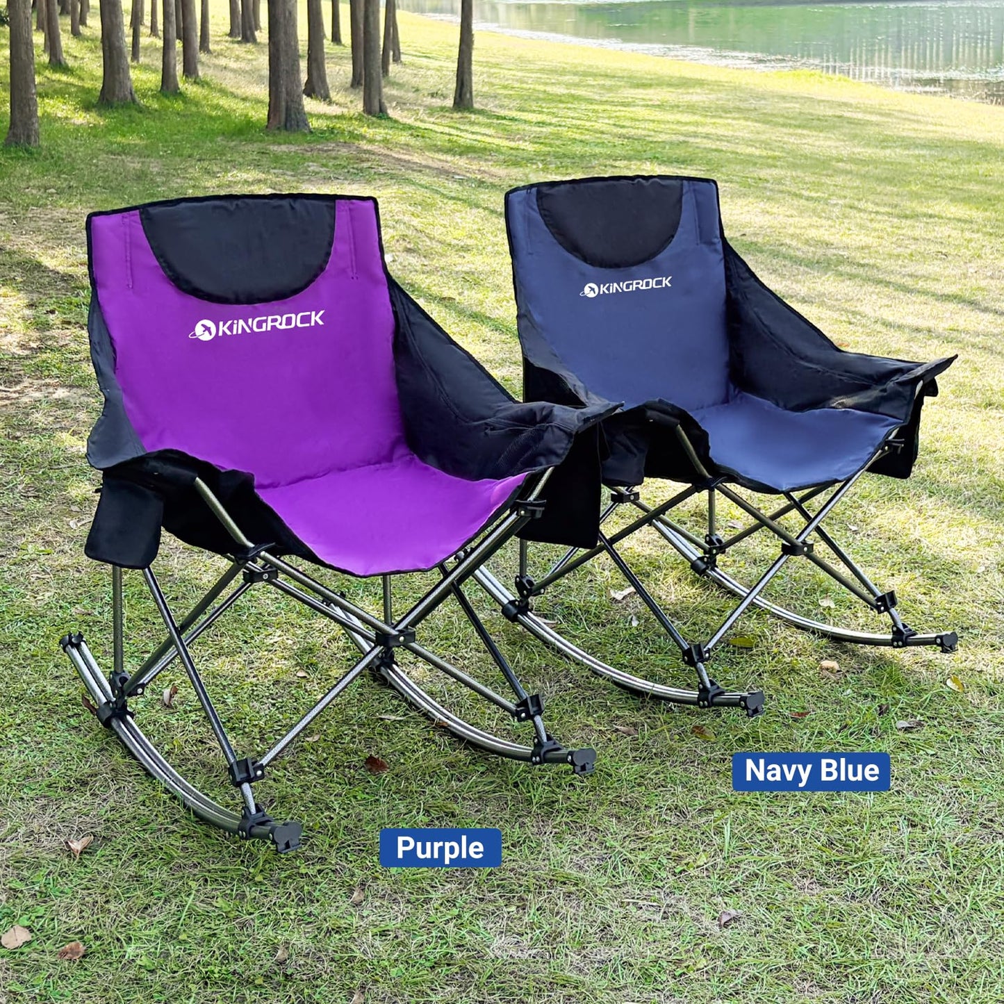 KINGROCK Oversized Rocking Camping Chair with Headrest and Carry Bag, 260LBS Capacity Folding Portable Camp Chairs for Adults, Recliner for Outdoor, Beach, Fishing, Travel, Sports Games,Purple