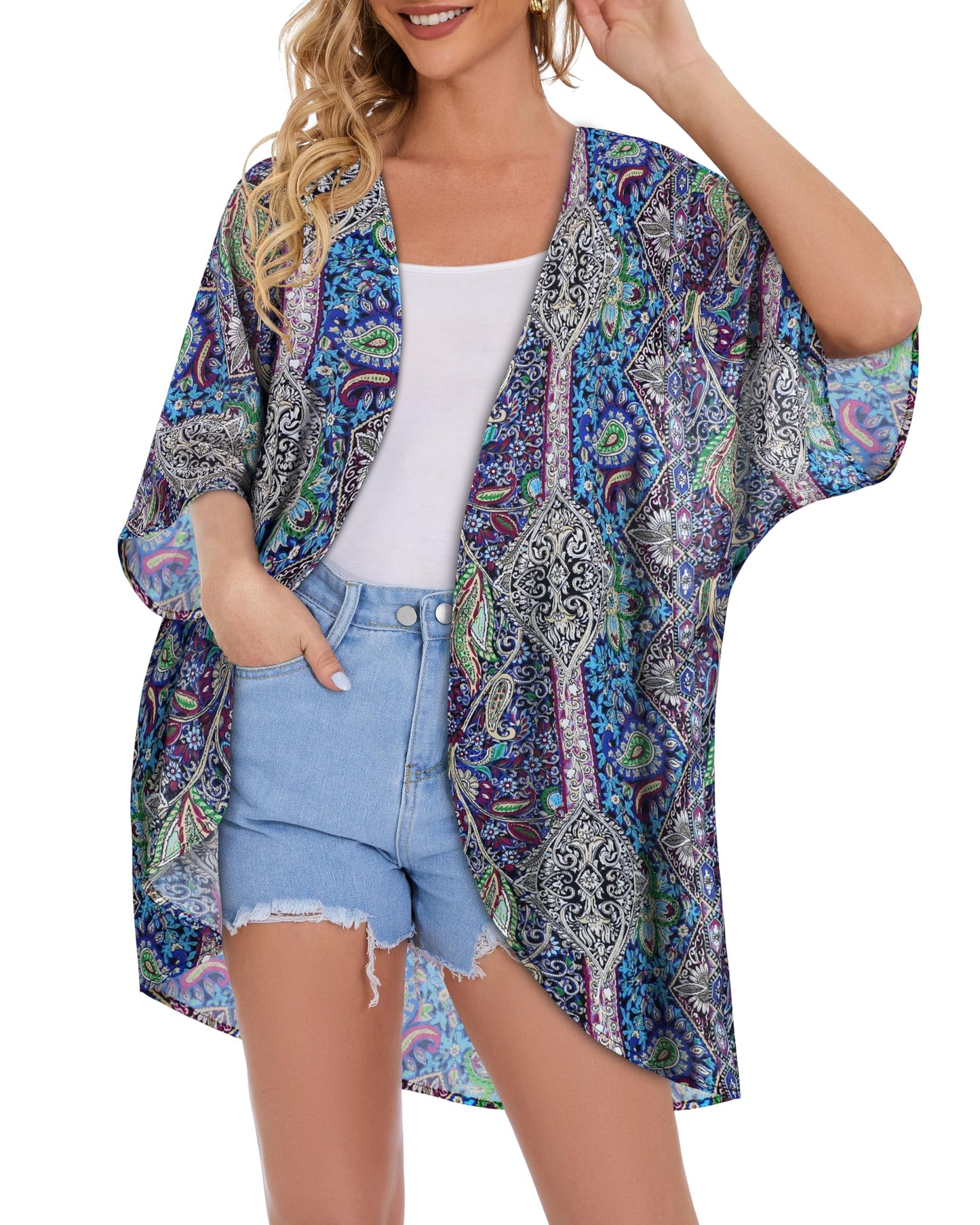 Women's Floral Kimono Print Puff Sleeve Loose Cardigan Cover Up Casual Blouse Tops (Blue Purple Bohemia Print, M)