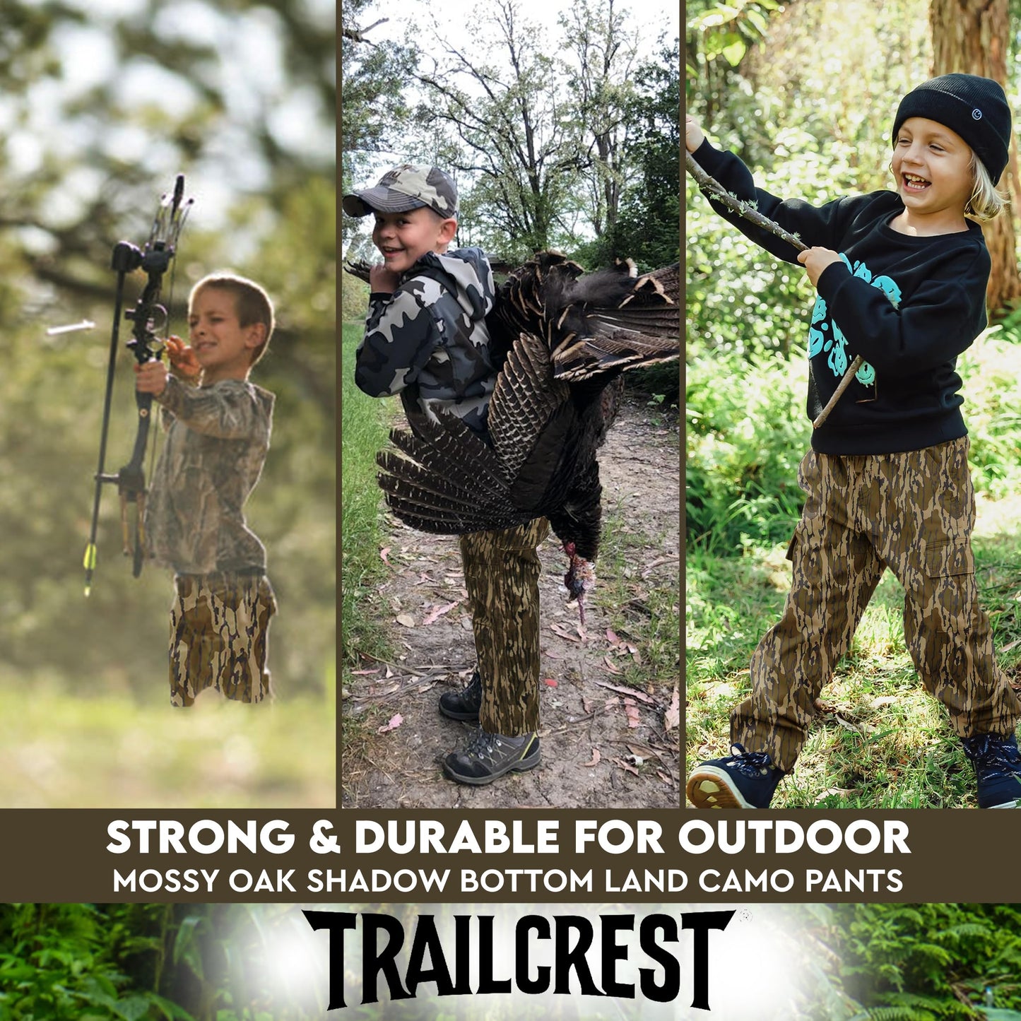 TrailCrest Youth Kids Camo Hunting Cargo Pants | 6 Pockets | Mossy Oak Bottomland, Large
