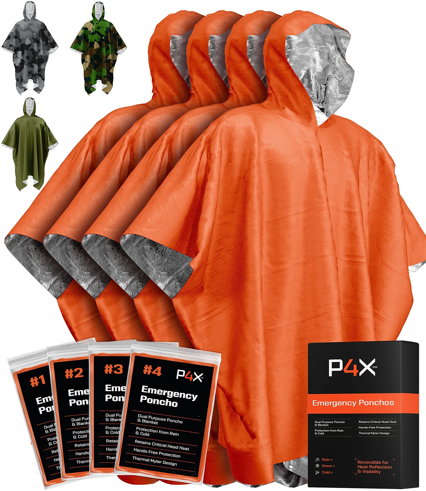 PREPARED4X Emergency Mylar Poncho – Survival Rain Poncho with Hood – Lightweight, Compact, Reusable Emergency Blanket Poncho for Hiking, Camping, Thermal Gear, Car Kit, Outdoors – 4 Pack (Orange)