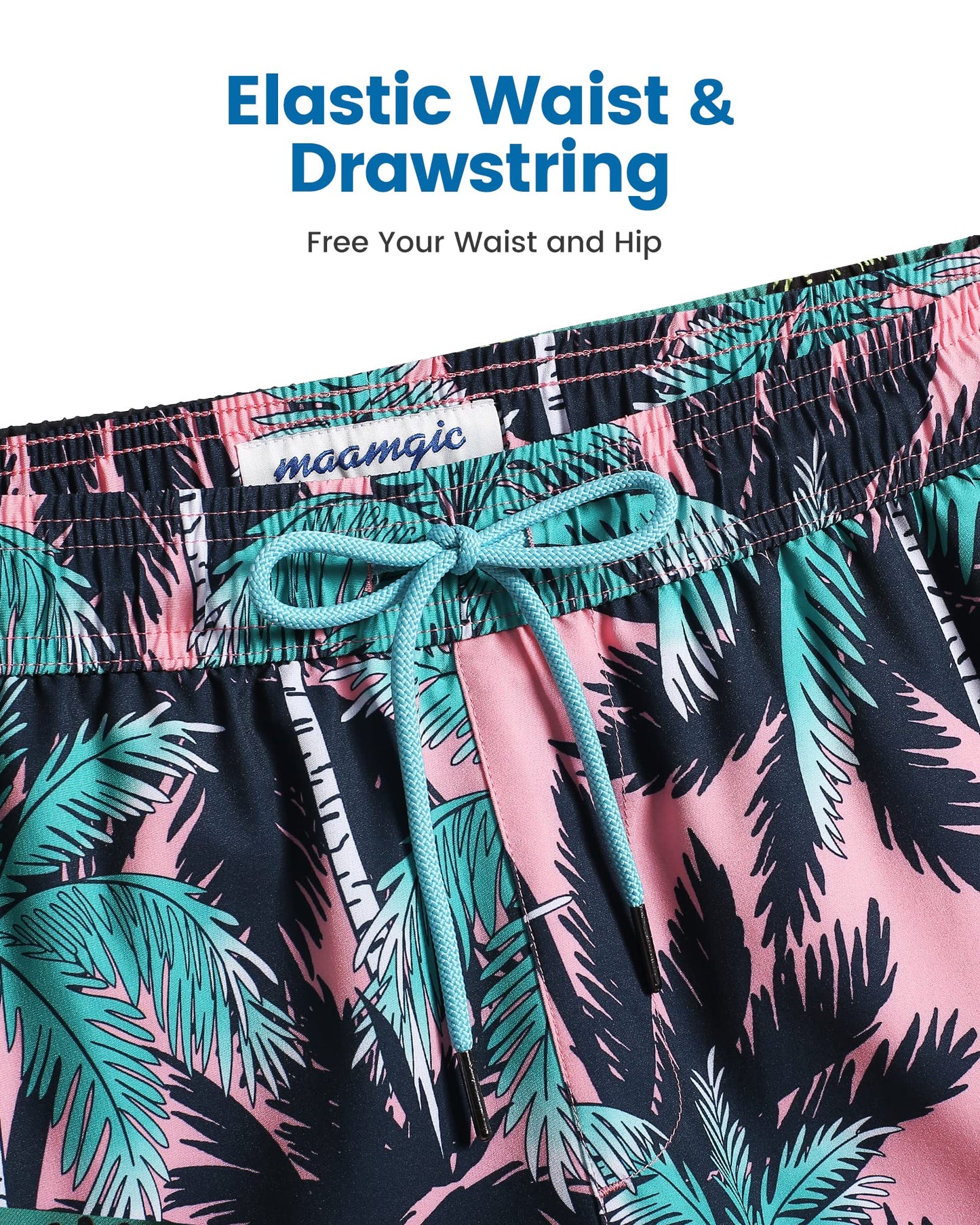 maamgic Mens Swim Trunks with Compression Liner 5 Inch, Quick Dry Bathing Suit with Zipper Pockets, Stretch No-Chafing Swim Shorts, Pink- Black Palm Small