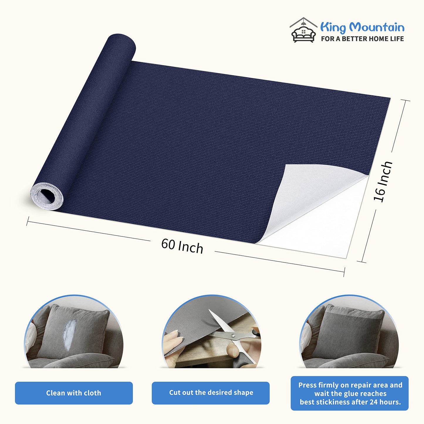 KING MOUNTAIN Canvas Repair Patch 16×60 Inch Self-Adhesive Waterproof Fabric Patch for Sofas, Tents, Furniture,Tote Bags, Car Seats (Dark Blue)
