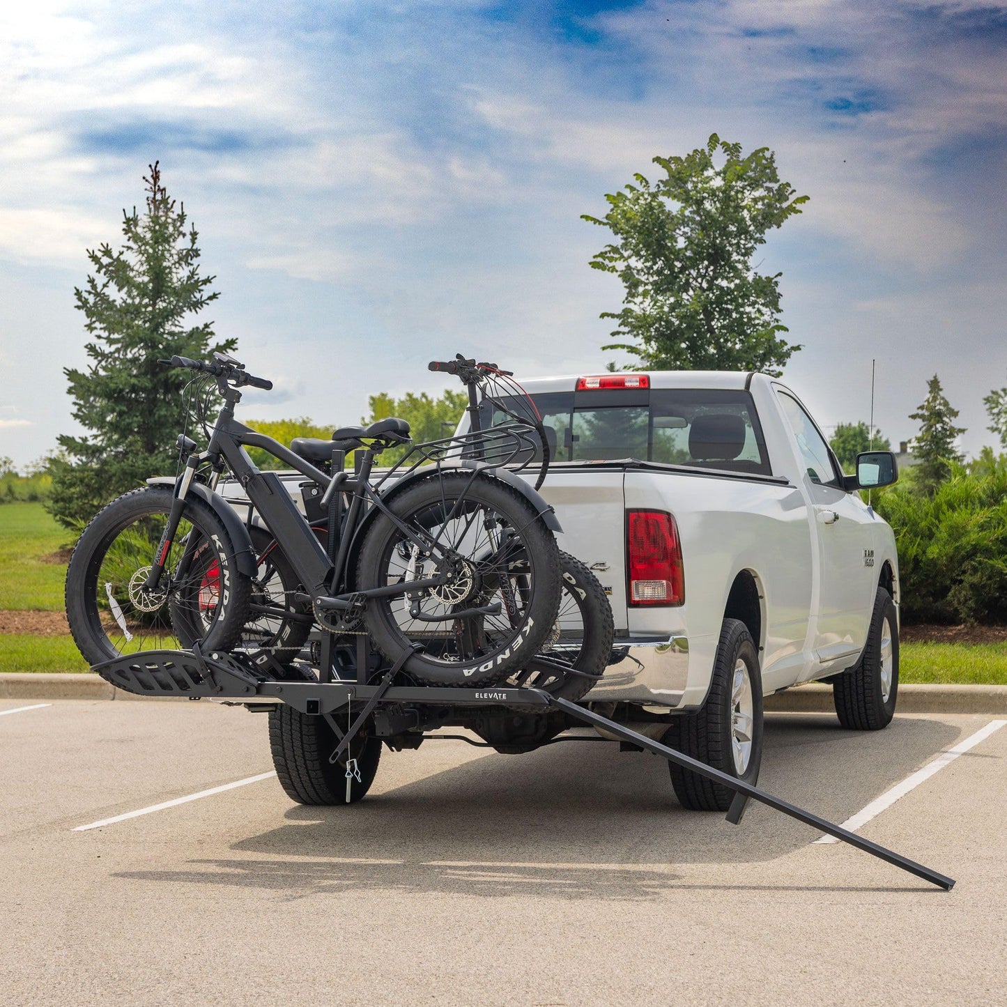 Elevate Outdoor Hitch-Mounted Platform Bike Rack with Ramp for Ebikes and Fat Tire Bikes - 2 Bikes - 200 lbs. Capacity