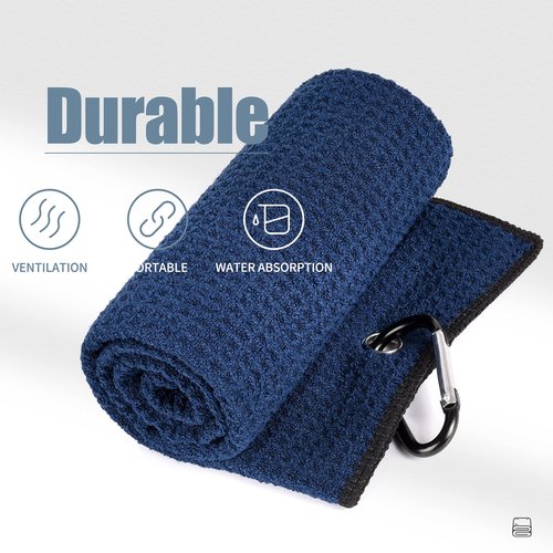 Mile High Life Tri-fold Golf Towel | Premium Microfiber Fabric | Waffle Pattern | with Heavy Duty Carabiner Clip | Golf Towel for Men and Women (NavyGolf Towel)