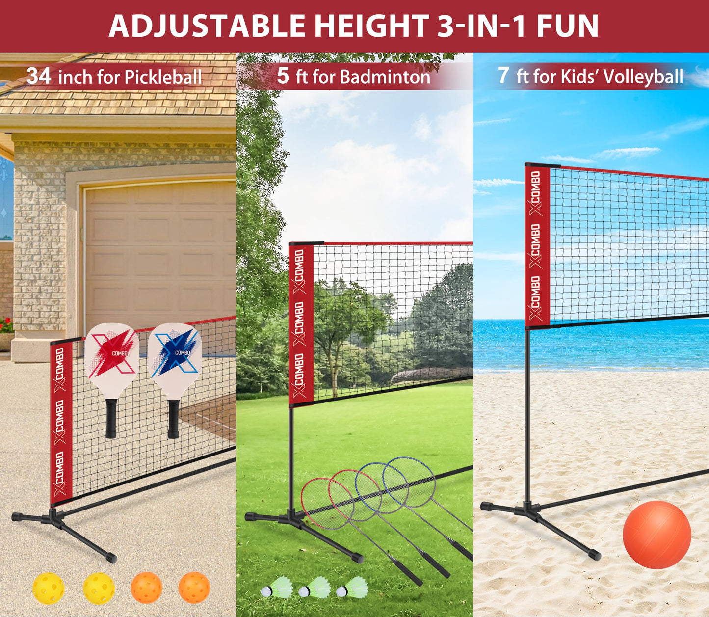 JOLORLY Badminton Sets for Backyards, Kids Volleyball Pickleball Combo Set with Net, Adjustable Width and Height (13.5ft/20ft Width x 7ft max Height) Portable Freestanding Rackets Set