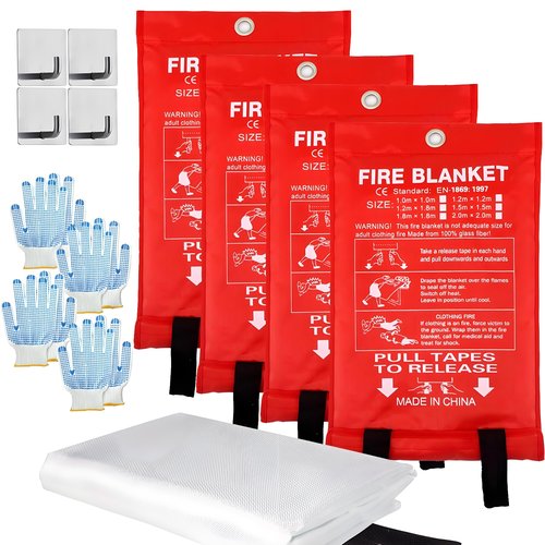 MDH Fire Blanket 40x40 Inches Fiberglass w/Gloves Hooks Whistle - Fireproof Safety for Home, Kitchen, Restaurant, House - Fire Suppression Reusable (Fire Blanket 4-Pack)
