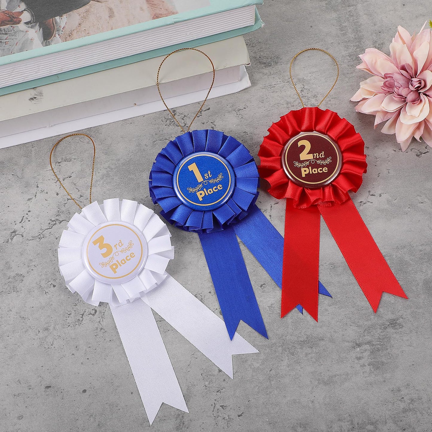 3 Pcs Award Ribbons Rosette, 1st 2nd 3rd Place First Place Ribbon Recognition Rosette, Blue Red White Prize Badge Participation Ribbon for Medals Competition Science Fair Sports Events Talent Shows