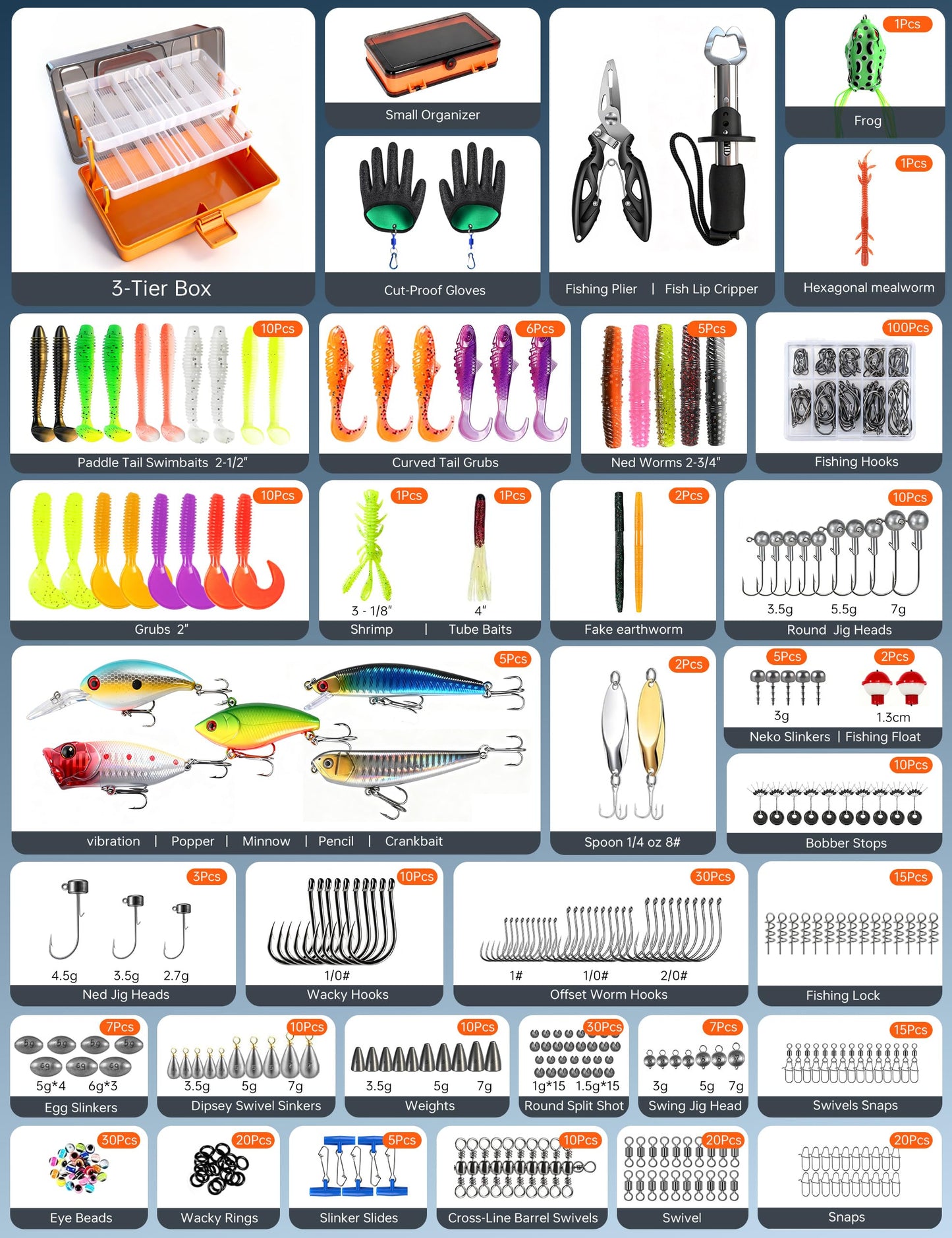 Large 3-Layer Tackle Box with Tackle Included, 417Pcs Fishing Lures Kit with Bonus Small 2-Sided Box & Gloves, Pliers, Crankbait, Hooks, Freshwater Bass Fishing Gear Gift for Men & Kids