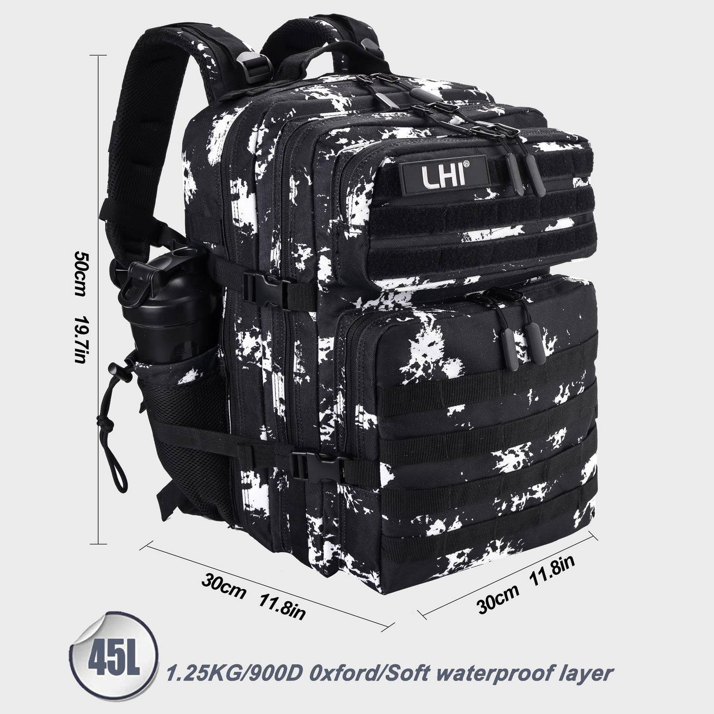 LHI Military Tactical Backpack for Men and Women 45L Army 3 Days Assault Pack Bag Large Rucksack with Shoe Compartment - Black Lightning
