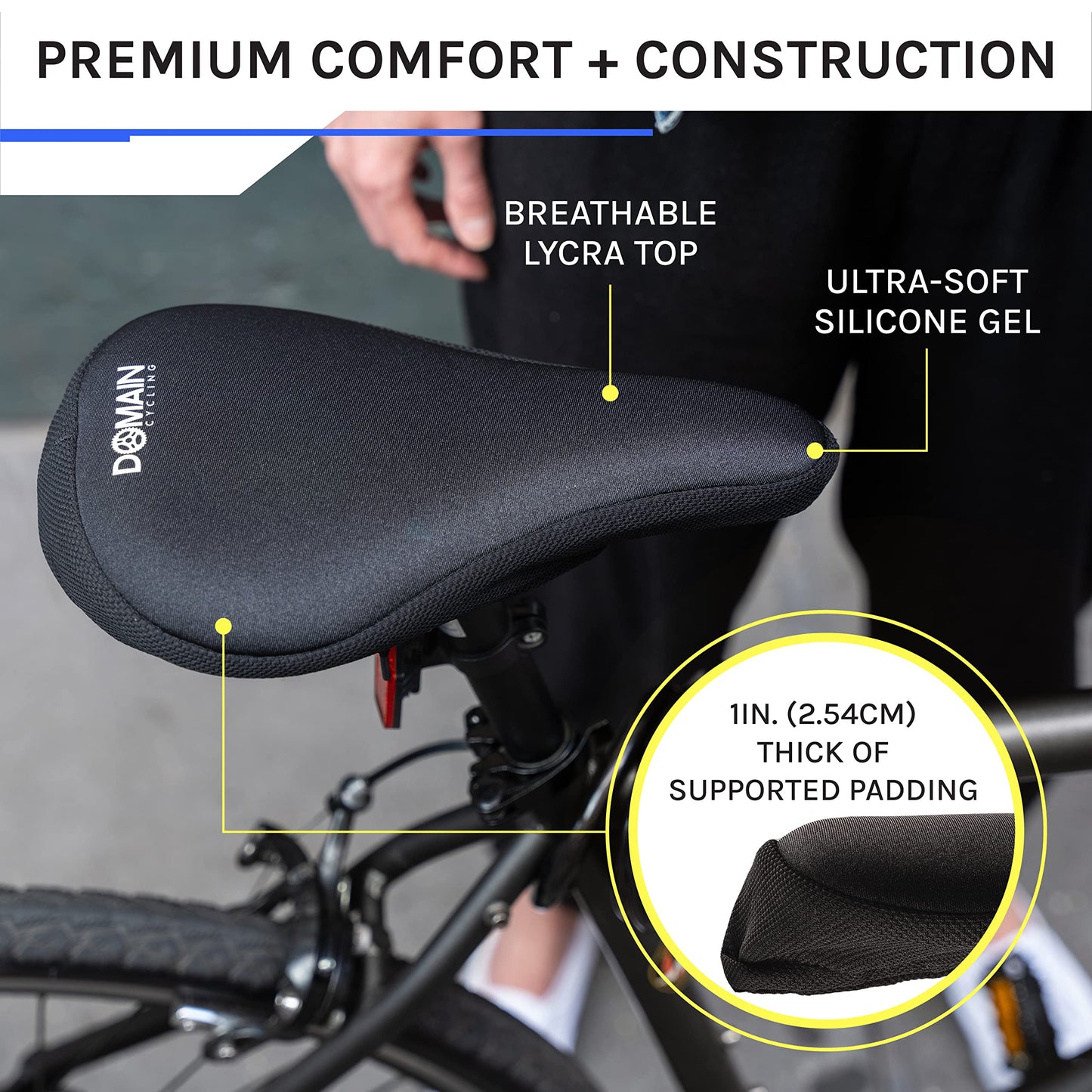 Domain Cycling Gel Bike Seat Cushion - Secure Peloton Fit for Smooth Stable Rides- Non-Slip Bicycle Cover for Exercise Bikes, Padded for Men or Women Comfort, 10.5”x7”