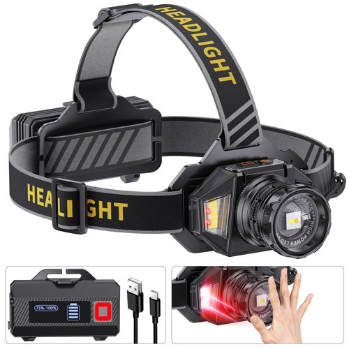 LED Headlamp Rechargeable，3000 High Lumens Head Lamp with 12 Modes & 90H Long Battery Life & Motion Sensor & IPX7 Waterproof,90° Adjustable Headlight for Outdoor Camping,Cycling,Hiking