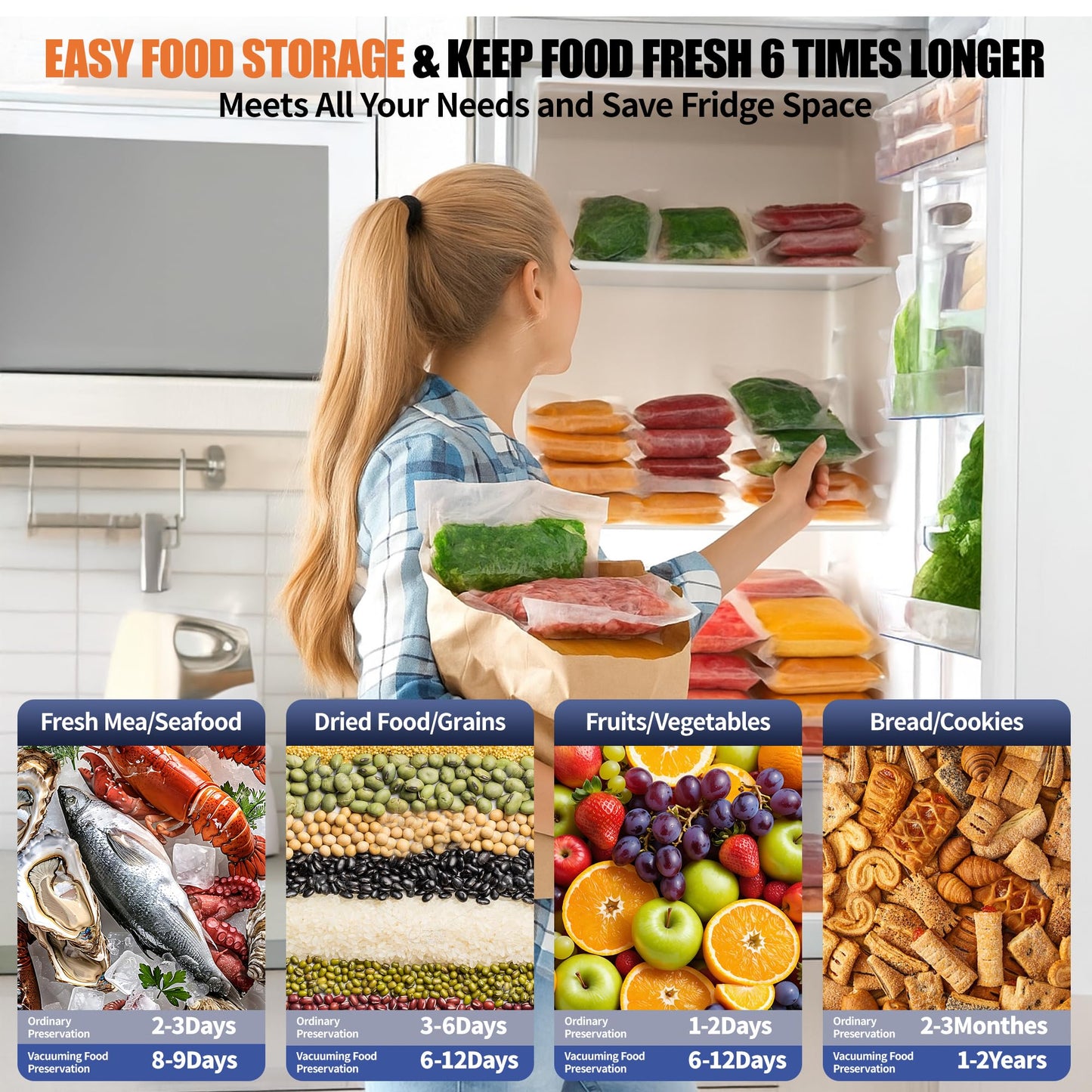 Sealer Machine for Food Storage, 85KPA Strong Suction, Dry/Moist Mode, Automatic Seal in 10-20 Seconds with 10 Vacuum Bags & 1 Roll, Built-in Cutter, Bag Storage & Vacuum Hose, for Home Kitchen Use