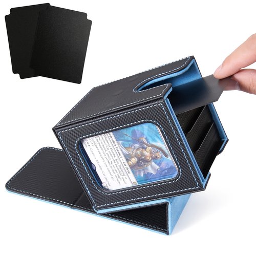 Venssu MTG Deck Box for Commander Display, Fits 100 Double Sleeved Cards, TCG Card Storage Box (Black and Wathet, 1 Window)