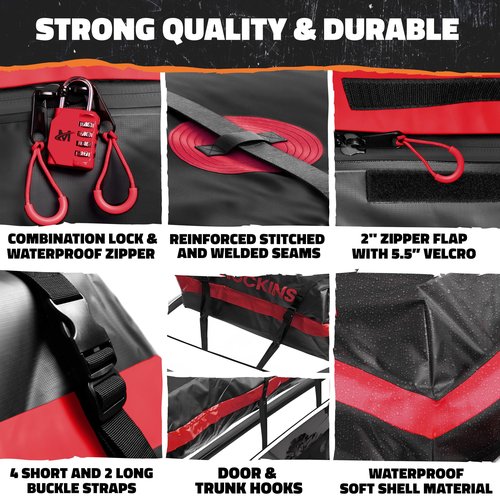 Mockins 45 Cu.Ft. XL Waterproof Rooftop Cargo Bag | 75"x48"x22" Heavy Duty Rooftop Cargo Carrier for Use with or w/o Roof Rack | Car Roof Bag Set Includes Top of Car Storage Mat, Lock, Hooks & Straps
