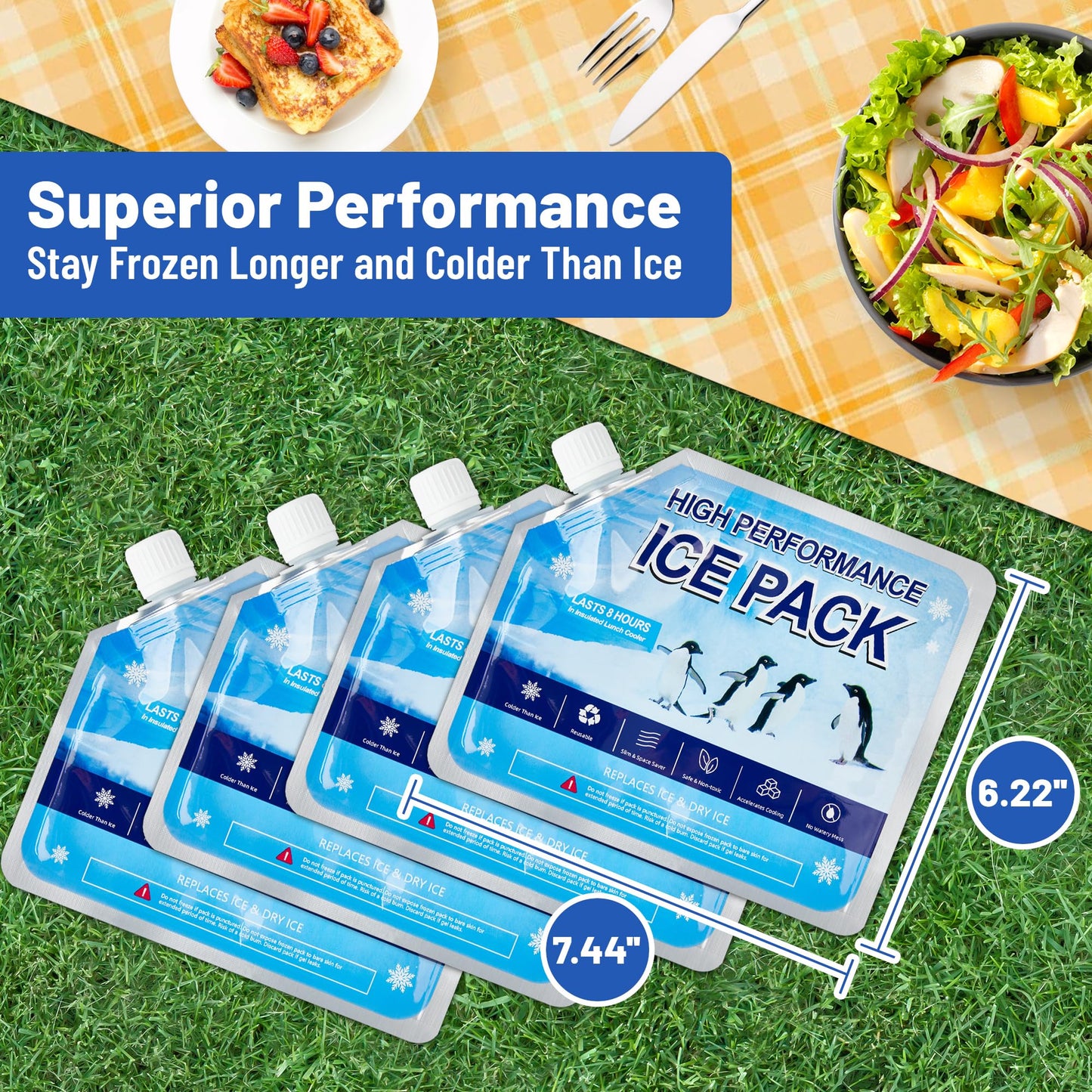 Omoojee Reusable Ice Packs for Cooler, 4 Pack Freezer Ice Packs for Lunch Boxes, Cooler Ice Packs for Camping Gear, Fishing, Medium