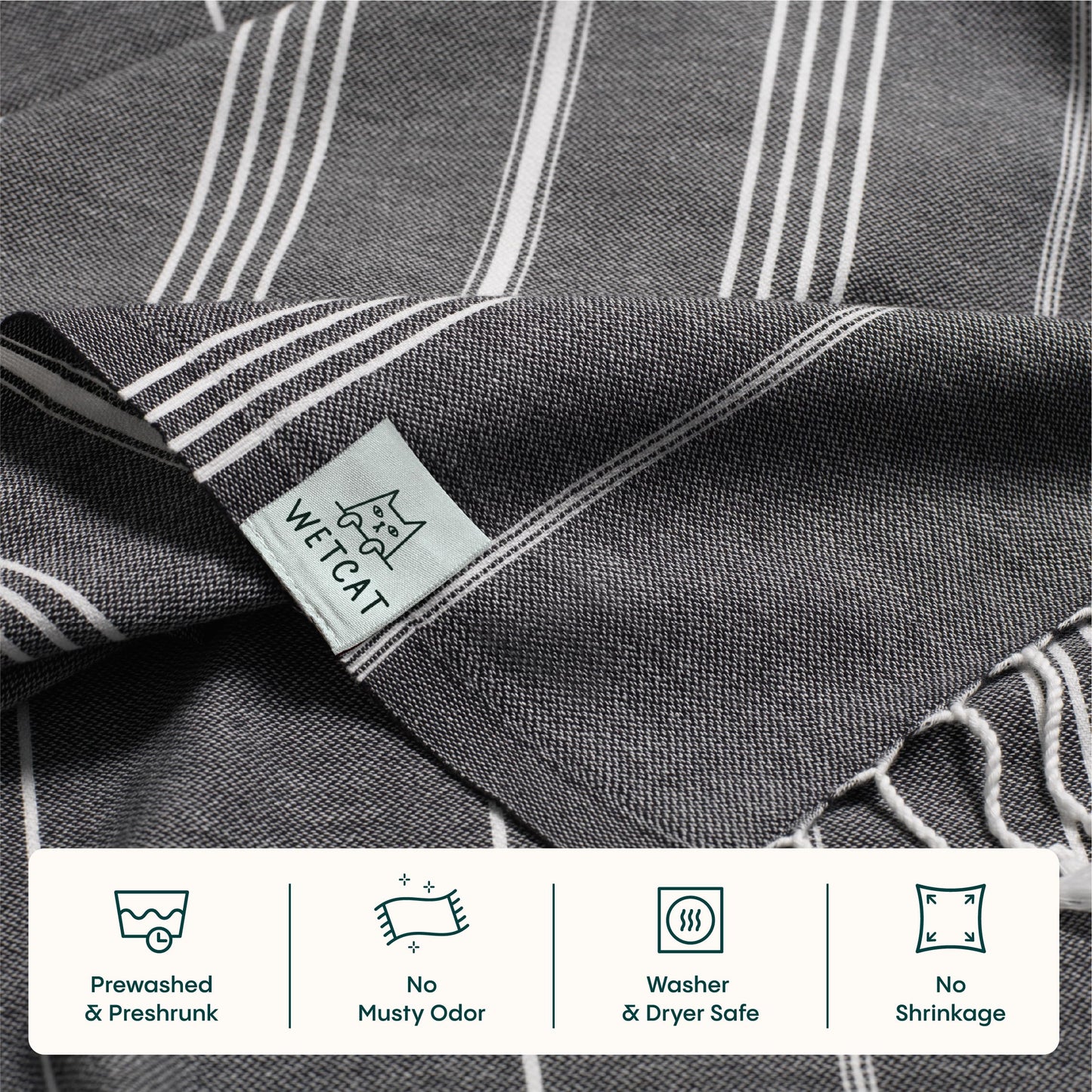 WETCAT Turkish Beach Towel Oversized (38"x71") 100% Turkish Cotton, Made in Turkey - Sand Free, Extra Large, Ultra Soft, Quick Drying, Compact & Lightweight for Travel - Black