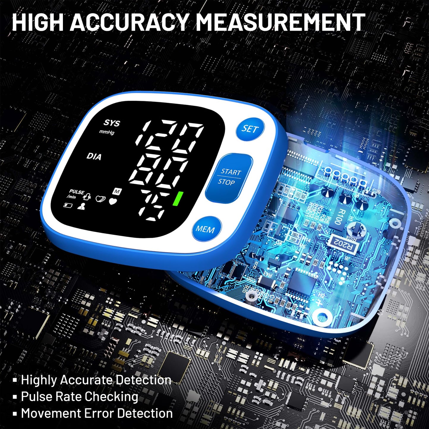 Oklar Blood Pressure Monitors for Home Use Rechargeable Wrist Digital BP Machine Cuff with LED Backlit Display, Voice Broadcast, 240 Memory Storage for 2 Users with Carrying Case, Blue