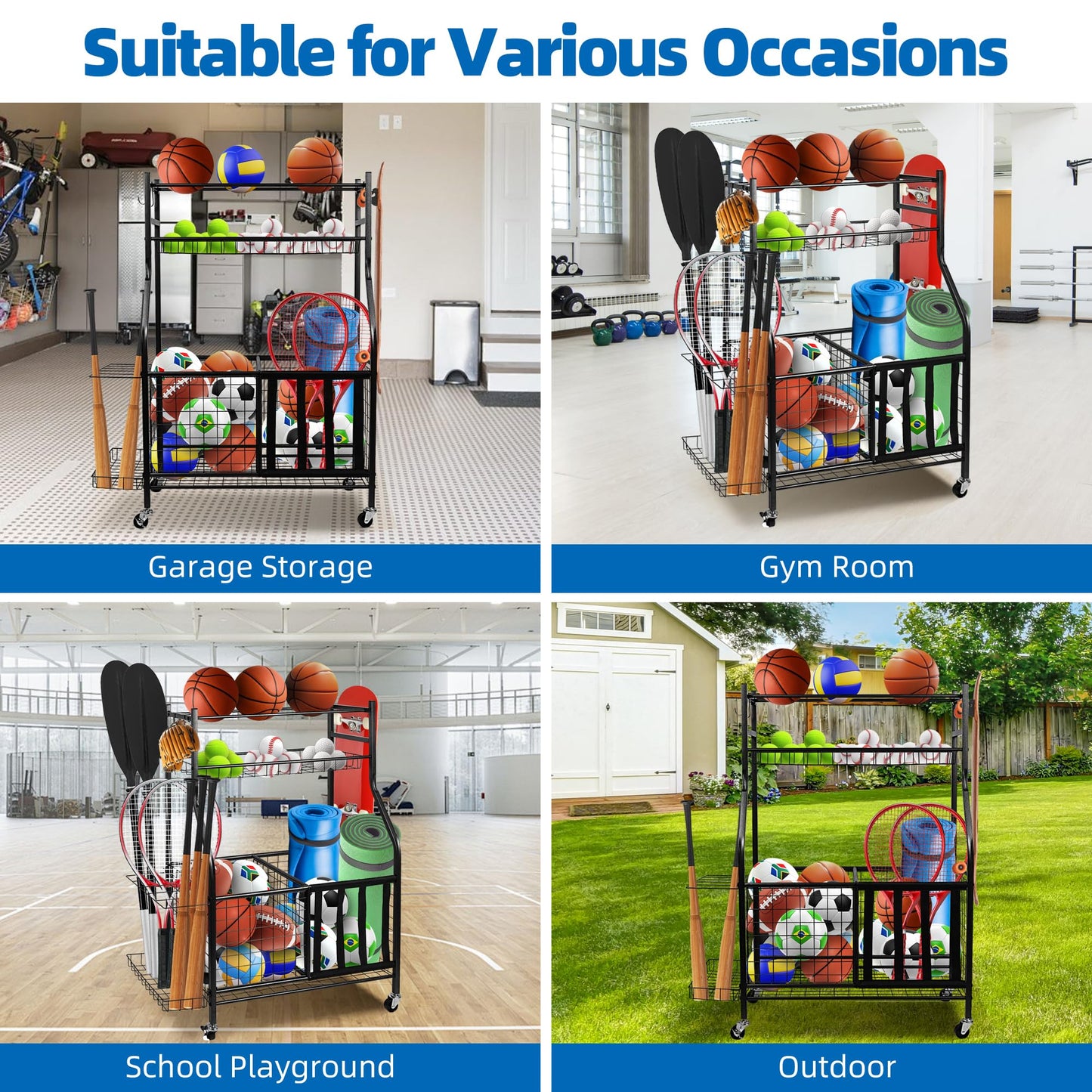YOUNITA Garage Sports Equipment Organizer, Ball Storage Rack,Garage golf Organizer with Basket and Hooks,Rolling Sports Ball Storage Cart for Toy Gear Storage (45.71 inch)